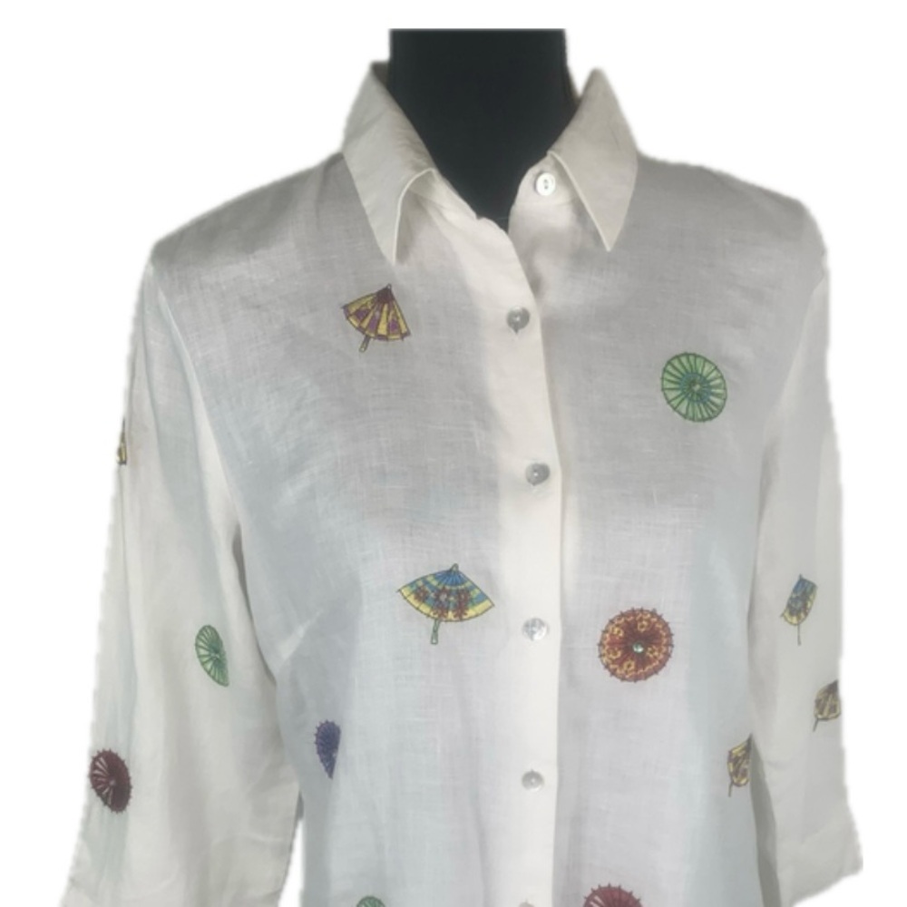 Richard Malcomb‎ Irish Linen Womens Cream Embroidered Button Up Top Size M